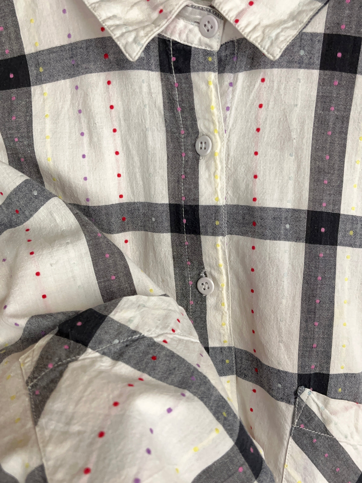 Vintage checkered blouse with embroidered polka dot detail and chest pockets — Arkive Vintage