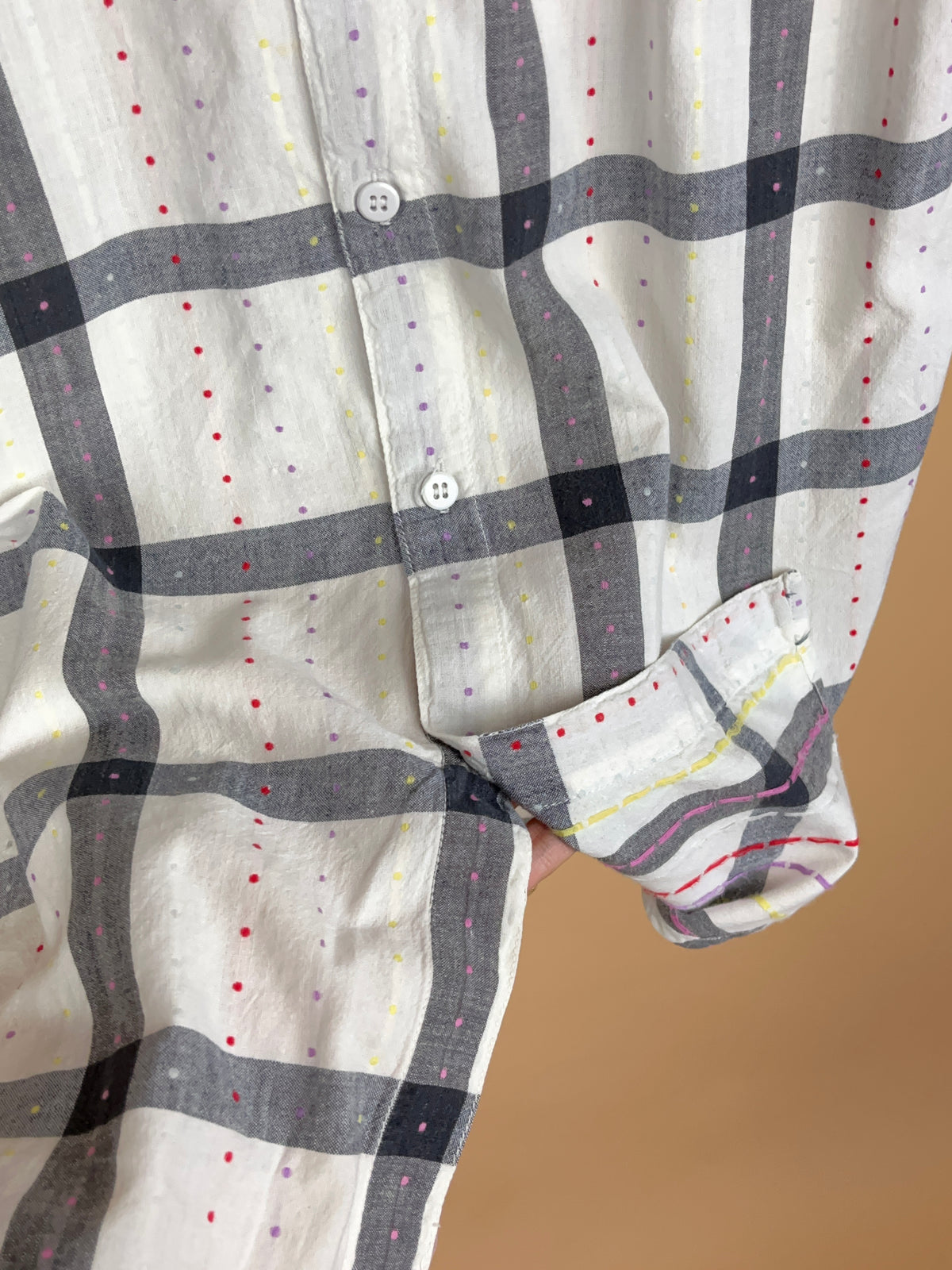 Vintage checkered blouse with embroidered polka dot detail and chest pockets — Arkive Vintage