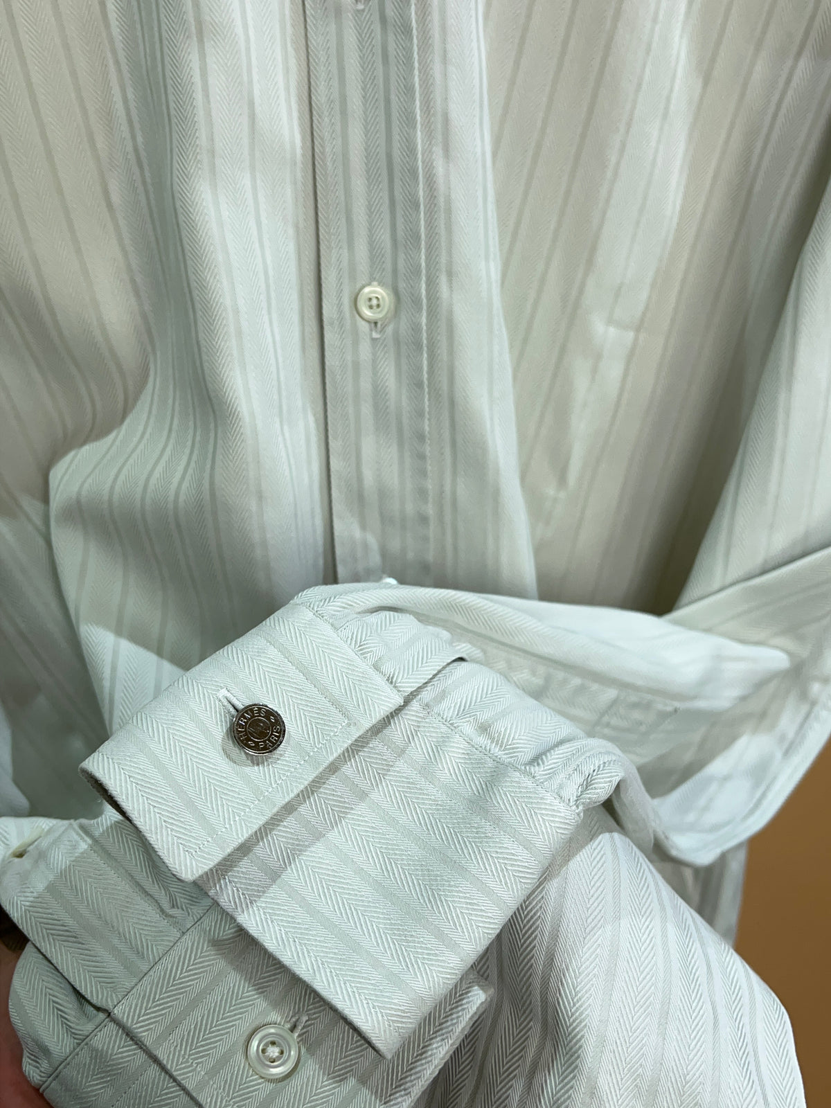 1990's Hermès ivory herringbone cotton shirt, understated tailoring — Arkive Vintage