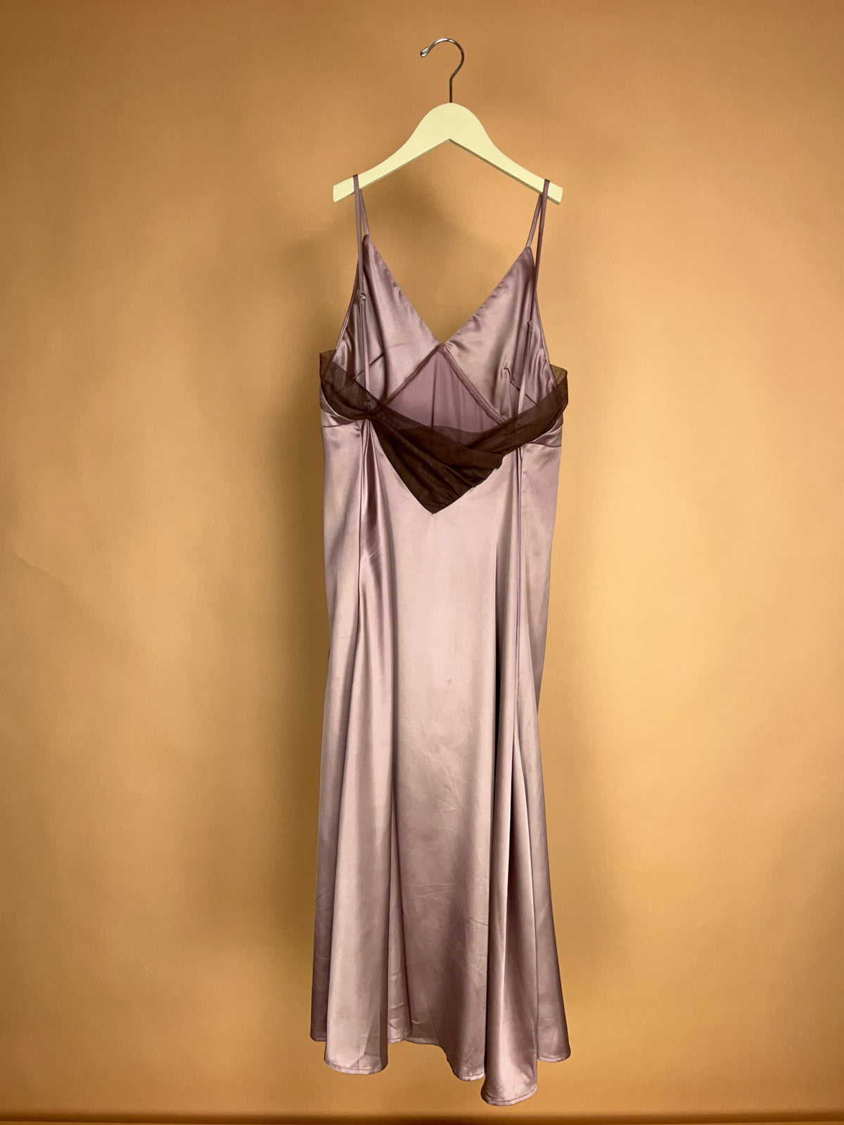 Commense Mauve Satin Slip Dress with Sheer Mesh Back Detail - M