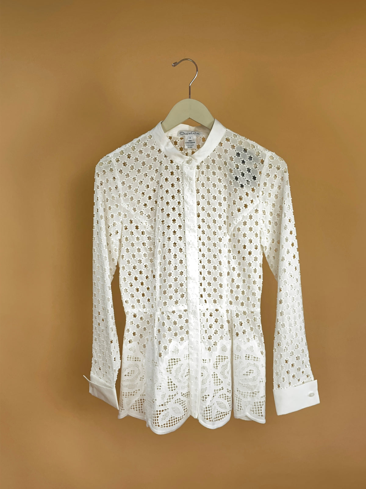 1990s Oscar de la Renta Crochet Knit White Blouse