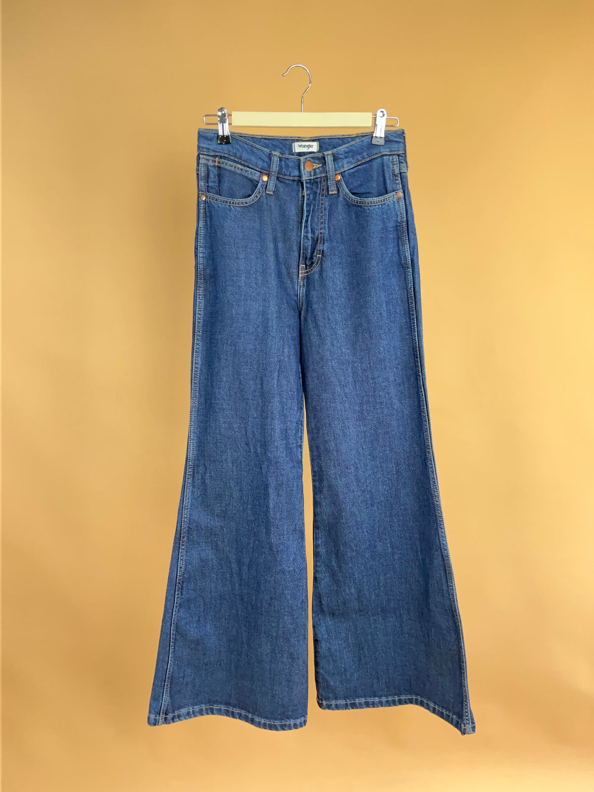 Wrangler Wanderer high-rise flare jeans, deadstock mid-blue denim — Arkive Vintage