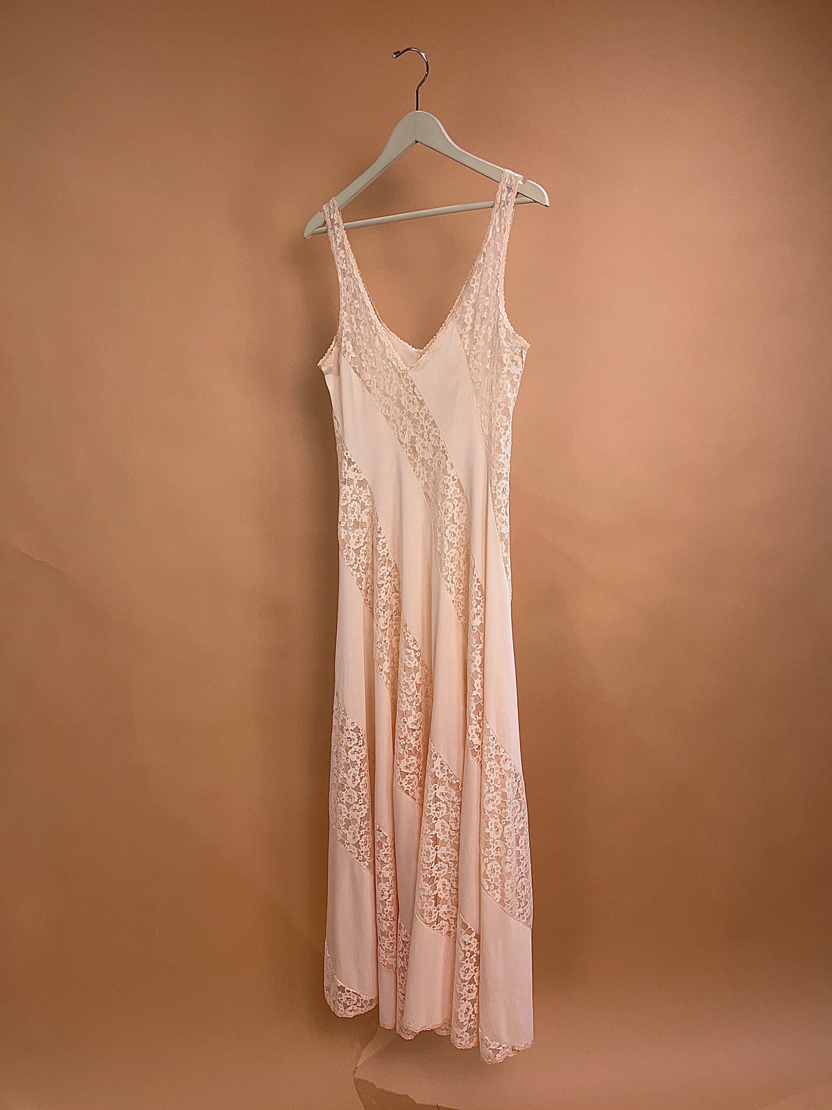Vintage Blush Pink Diagonal Lace Maxi Slip Dress