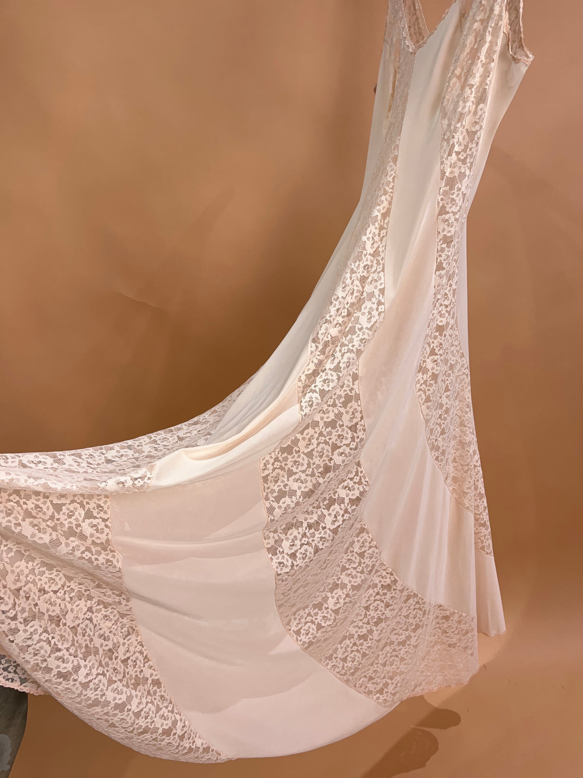 Vintage Blush Pink Diagonal Lace Maxi Slip Dress