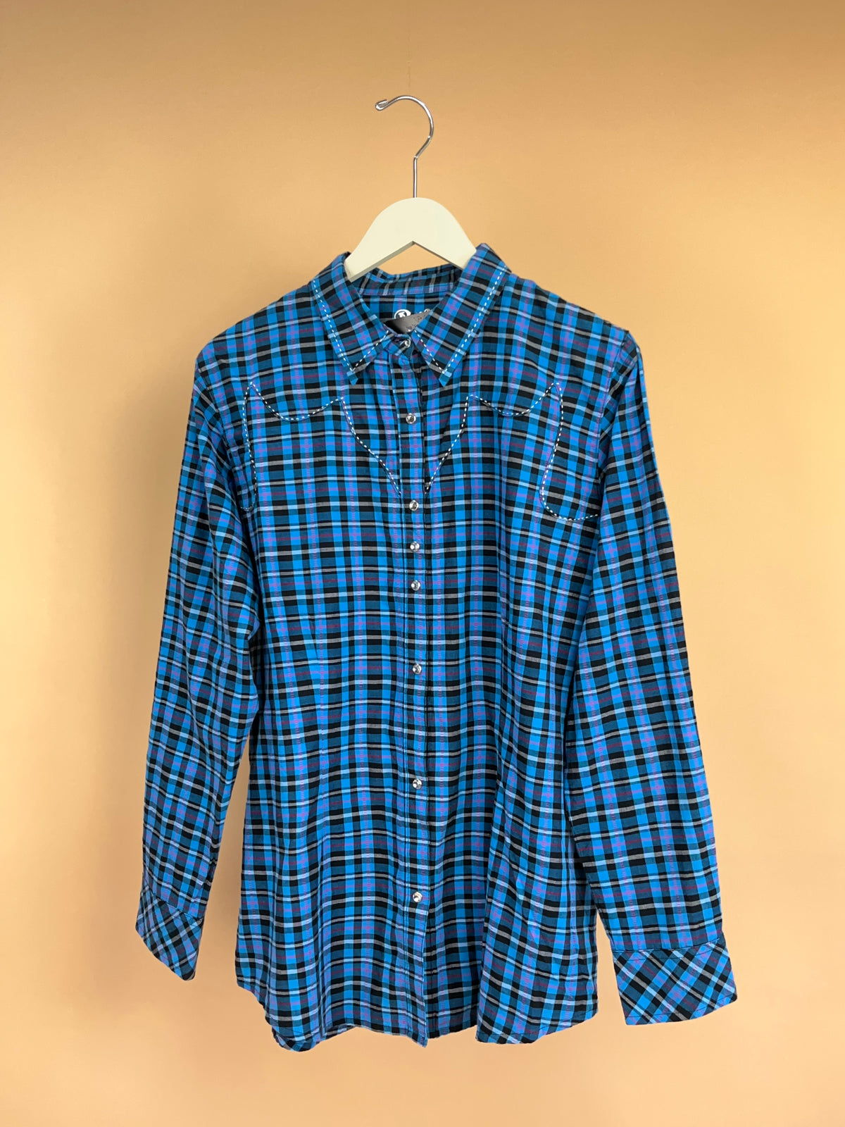 Y2K Blue & Pink Checkered Western Shirt - L