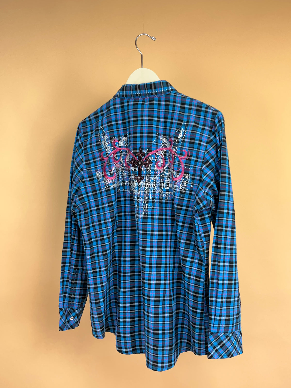 Y2K Blue & Pink Checkered Western Shirt - L