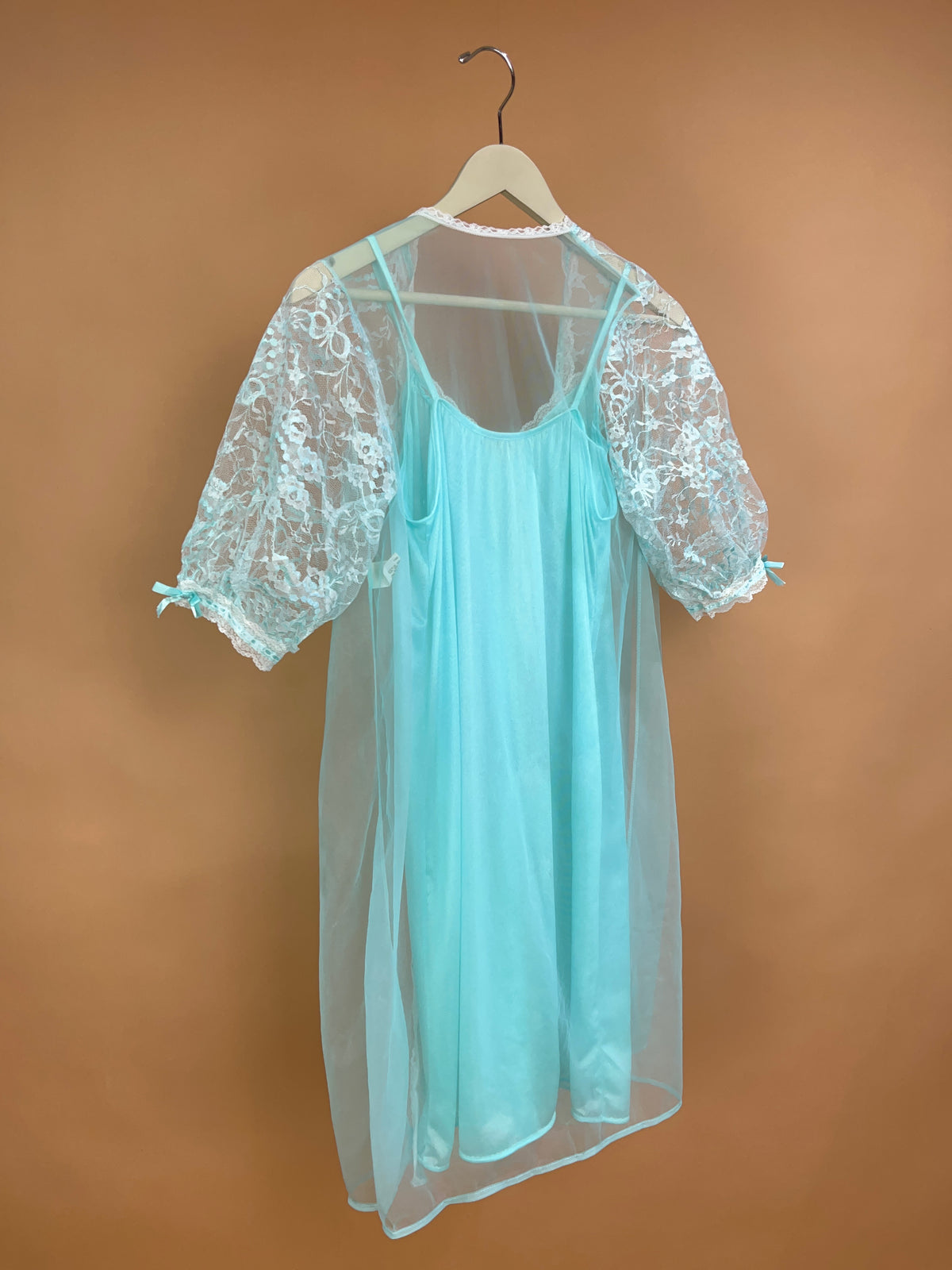 1970's ILGWU teal nylon robe and mini slip lingerie set, Made in USA — Arkive Vintage