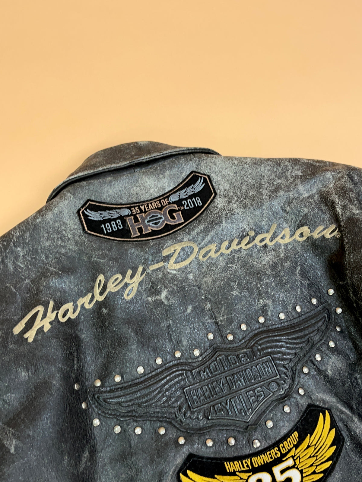 1990's Harley-Davidson HOG Member Patched Distressed Leather Biker Jacket - XL