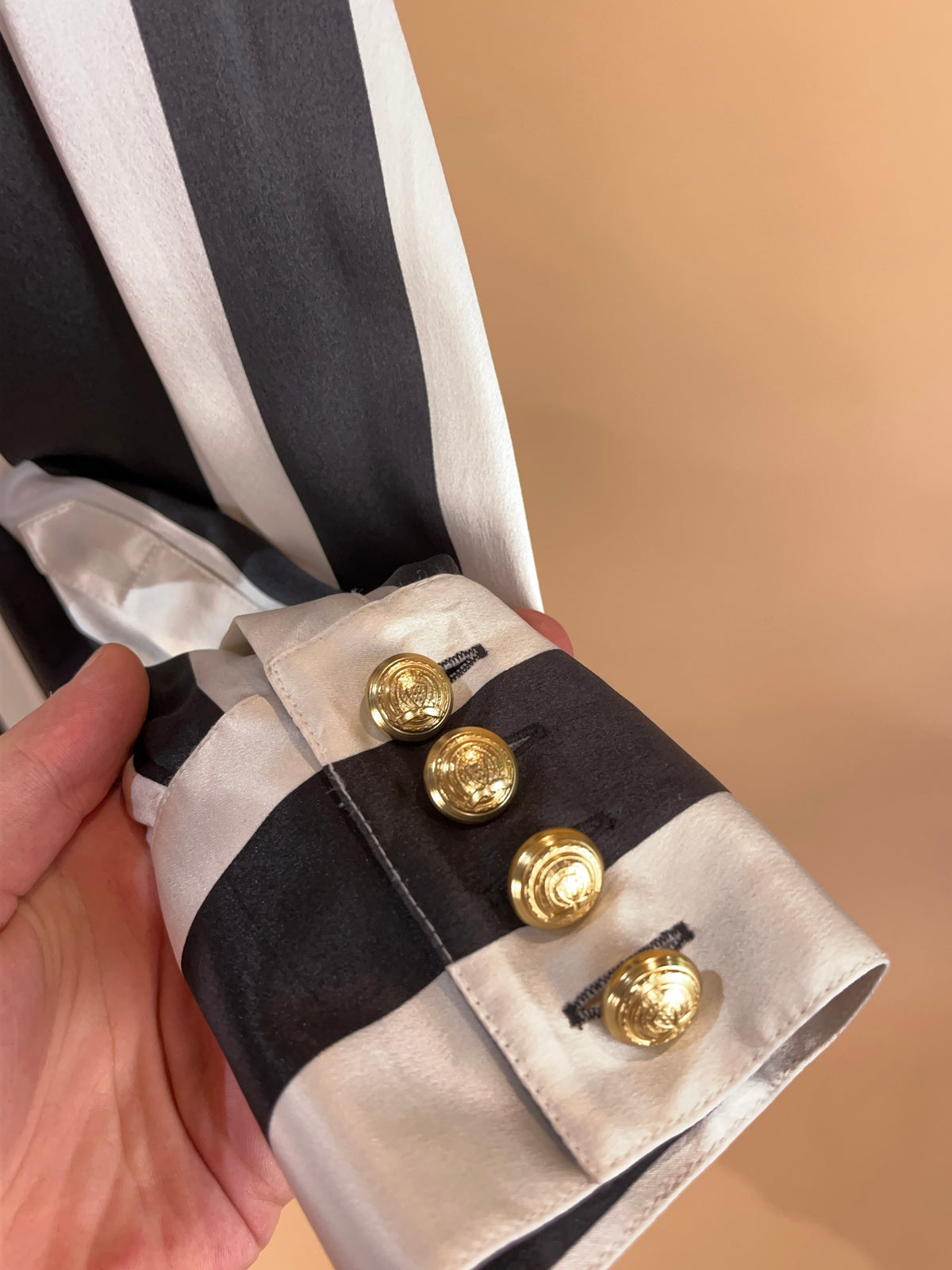 Balmain x H&M black and ivory silk pinstripe blouse with gold buttons — Arkive Vintage