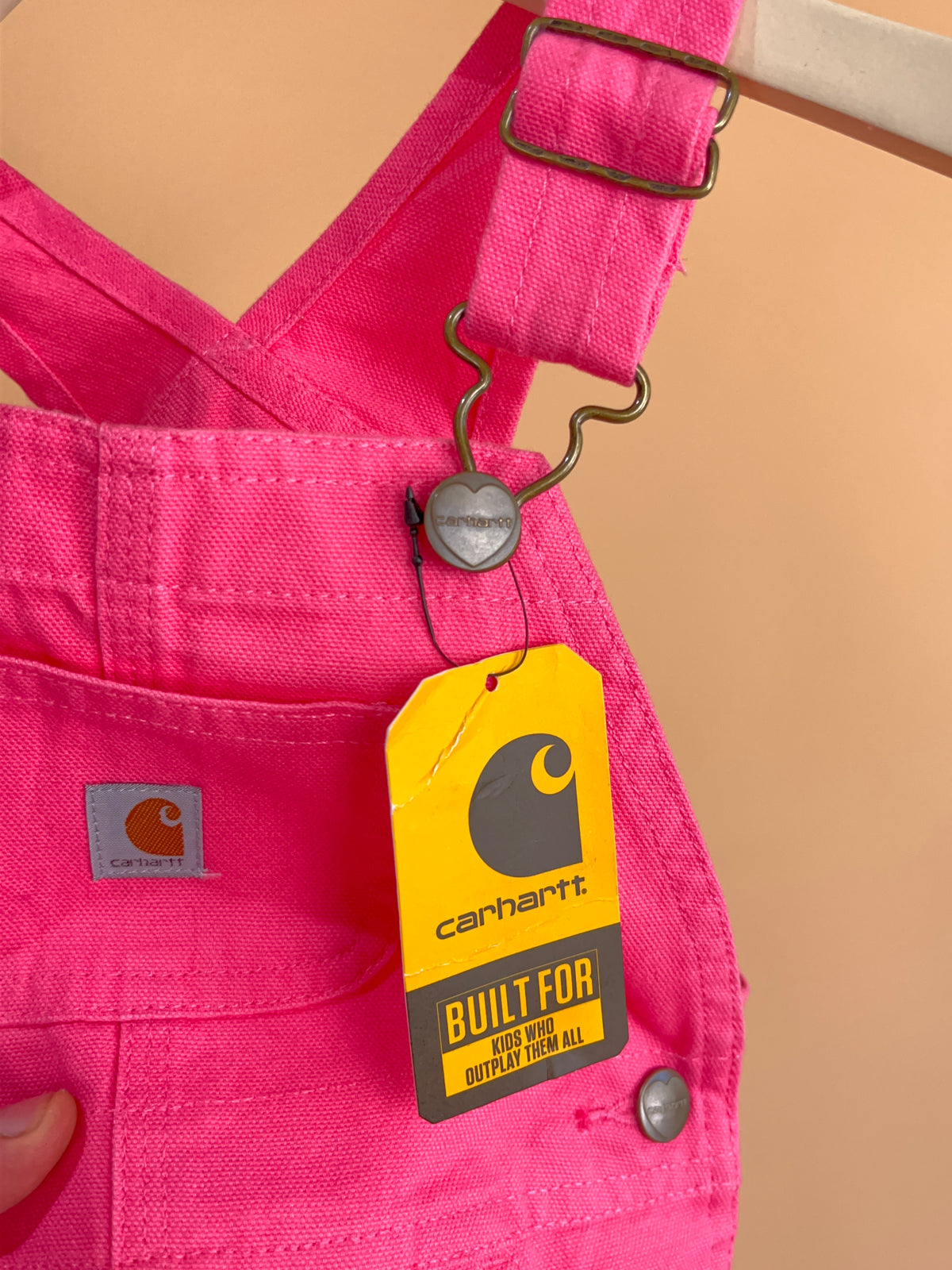 Carhartt neon pink kids dungarees with embroidered logo patch pocket — Arkive Vintage