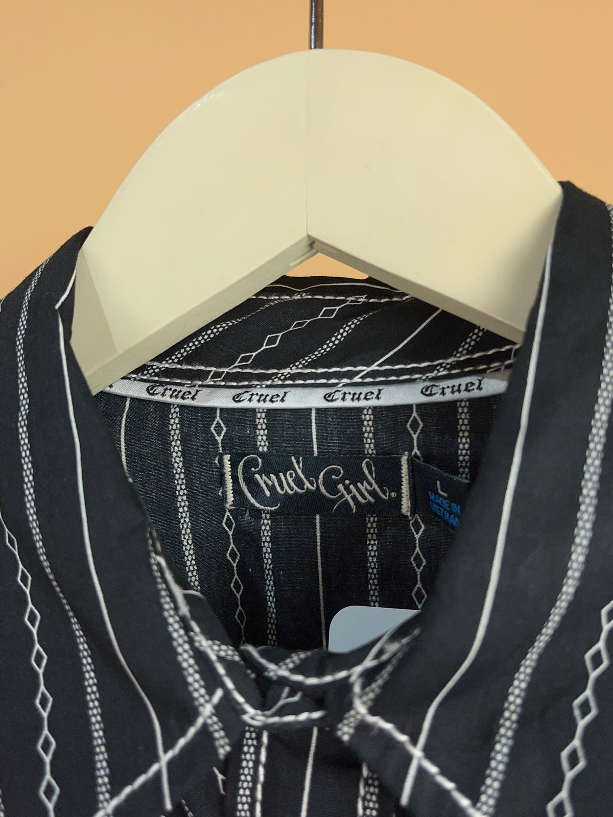 Y2K Cruel Girl pinstripe shirt with pearlescent snap buttons — Arkive Vintage