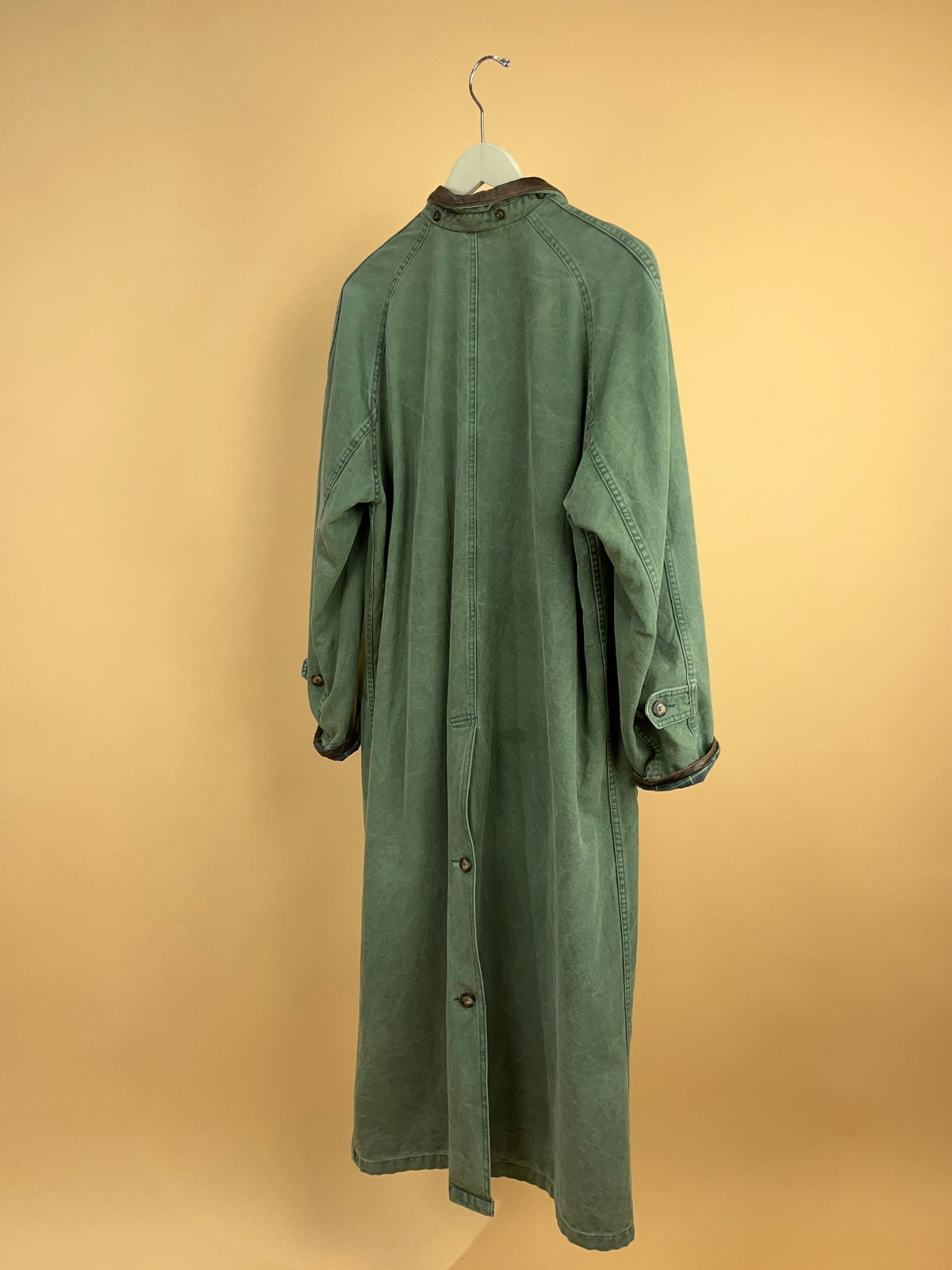 1990's Jackeroos olive green canvas trench coat with leather collar — Arkive Vintage