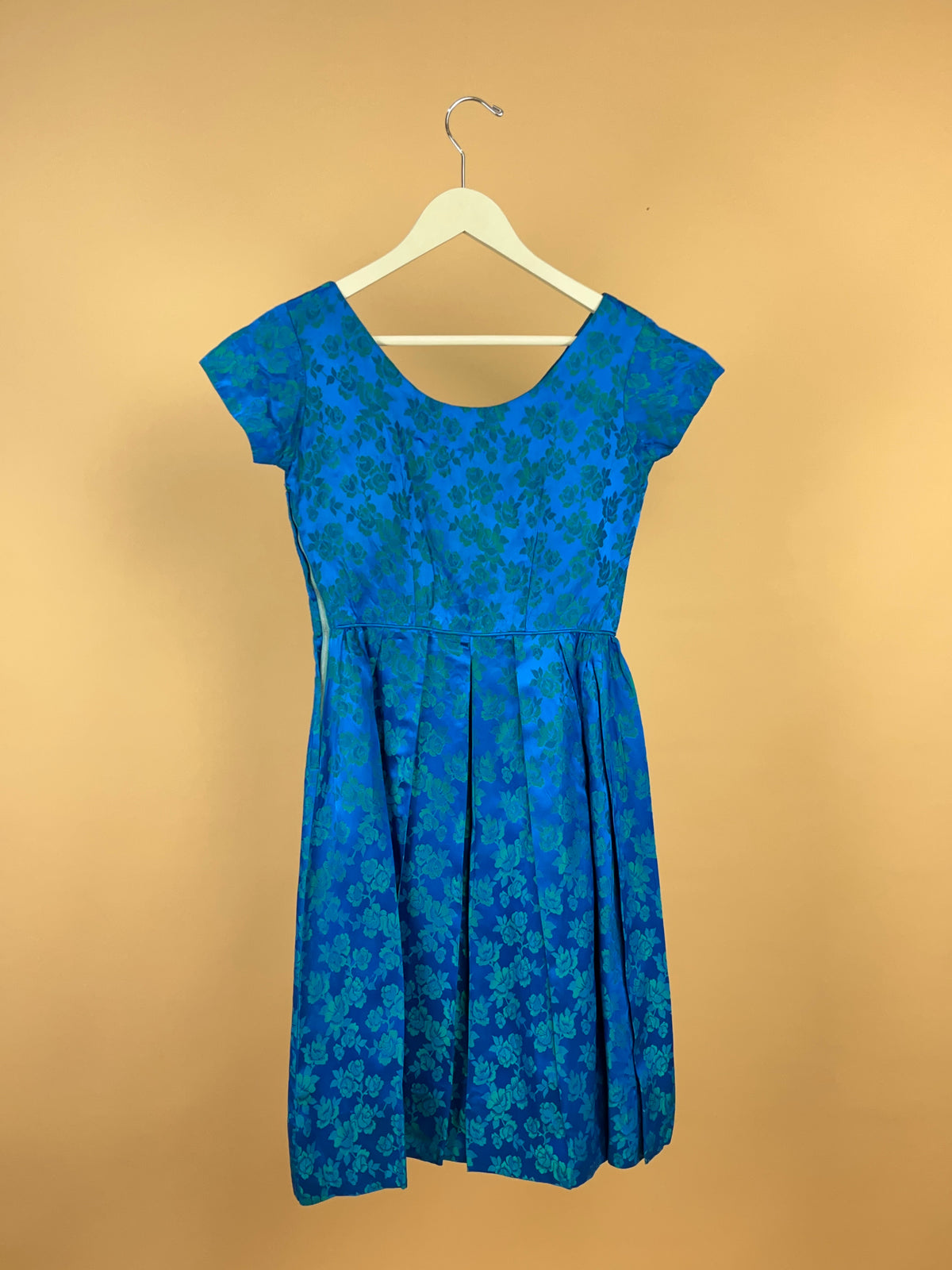 1950s Iridescent Sea Blue Floral Dress - 8