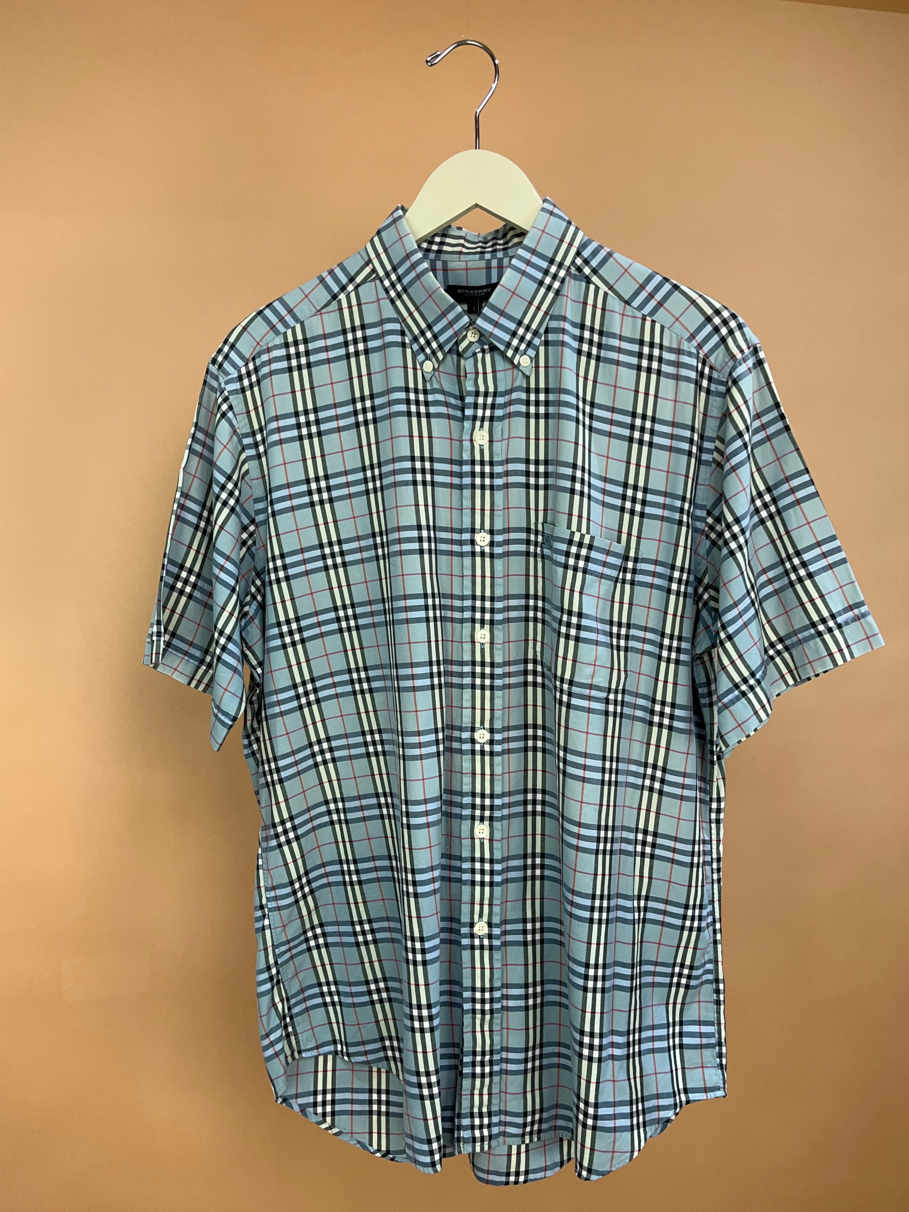 Y2K Burberry Blue Nova Check Short Sleeve Shirt | Size L