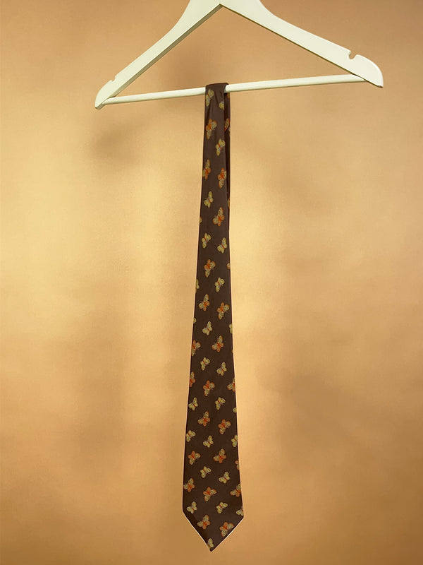 1970's Gucci Butterfly Print Brown Silk Necktie - ONE SIZE