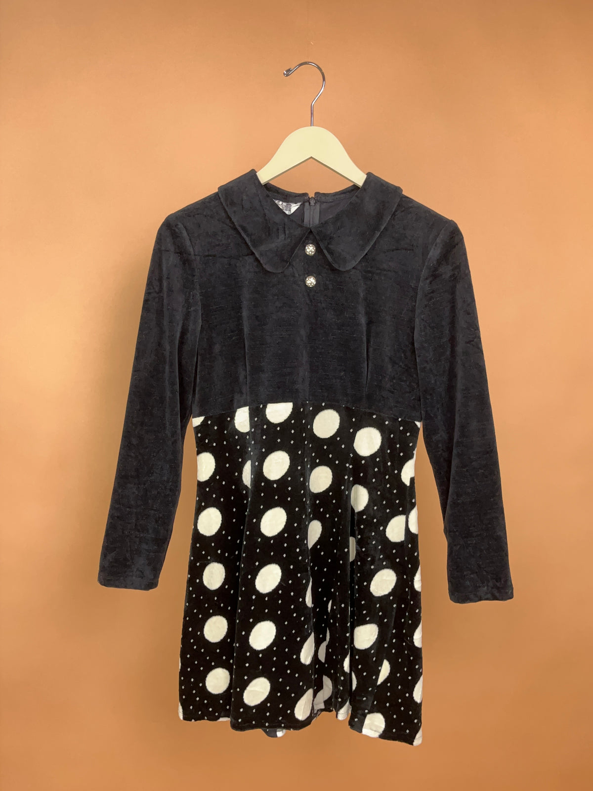 1980s does 1960s Velvet B&W Polka Dot Dress