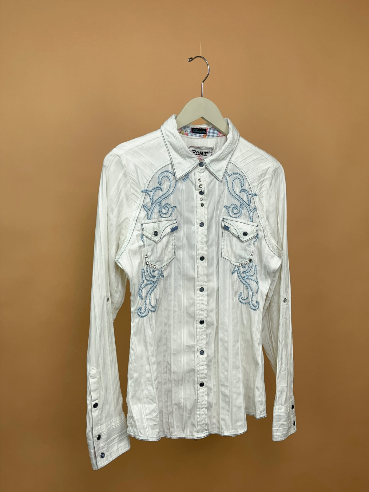 Y2K Roar White and Baby Blue Embroidered Western Shirt