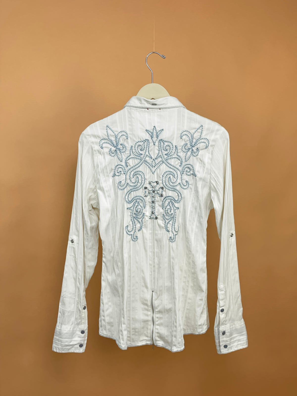 Y2K Roar White and Baby Blue Embroidered Western Shirt