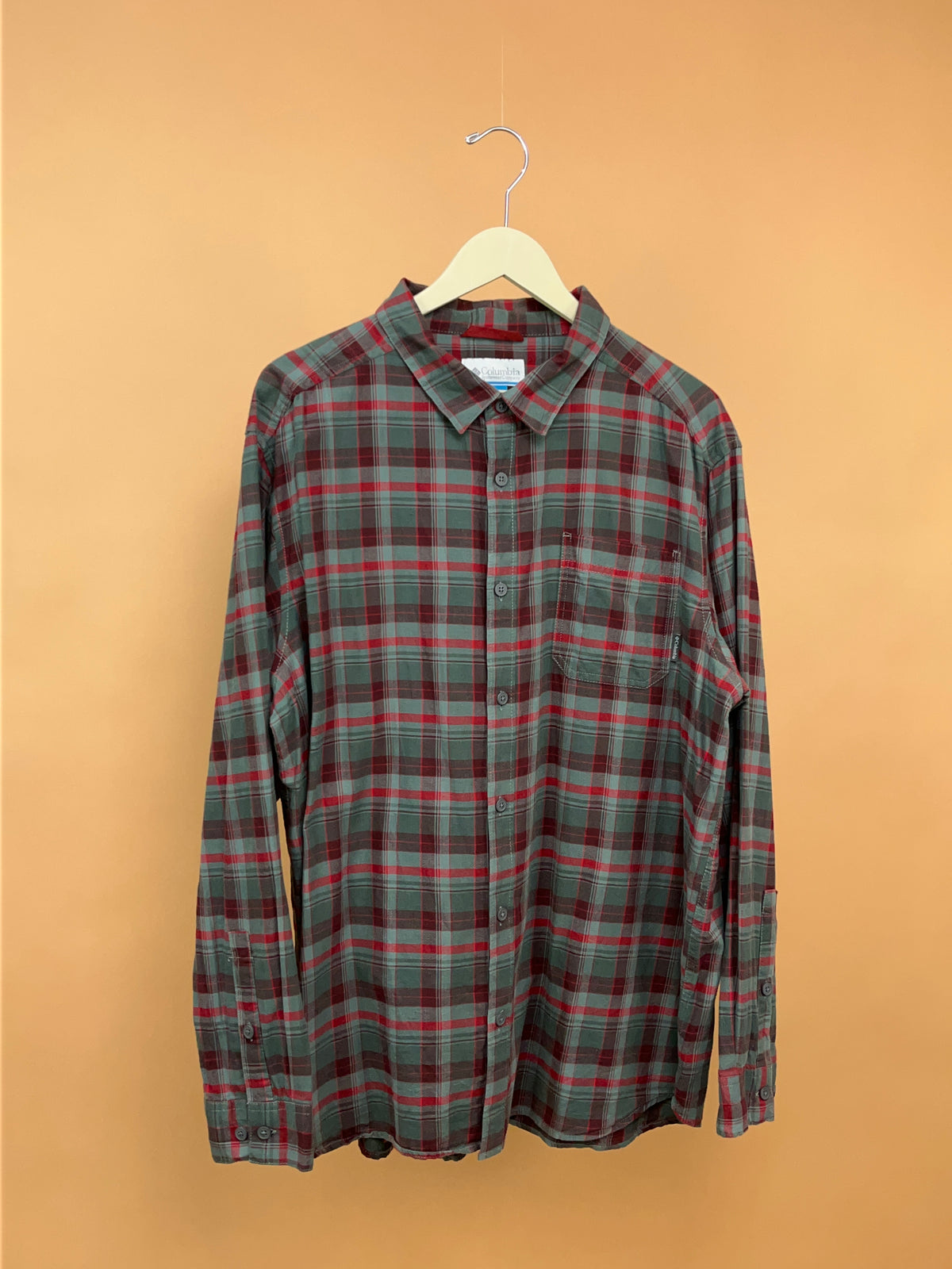 1990s Columbia Muted Grey & Red Plaid Shirt - XL