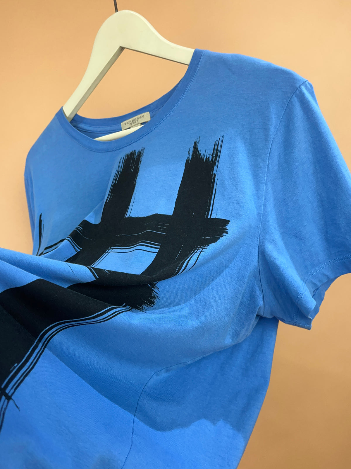 Y2k Burberry Paint Streak Print Blue T-shirt - L