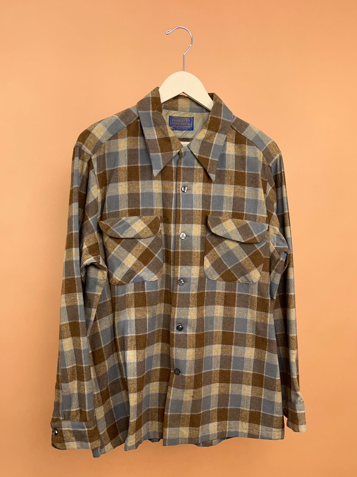 1970's Pendleton Brown Grey Yellow Plaid Wool Board Shirt - Made in USA - L