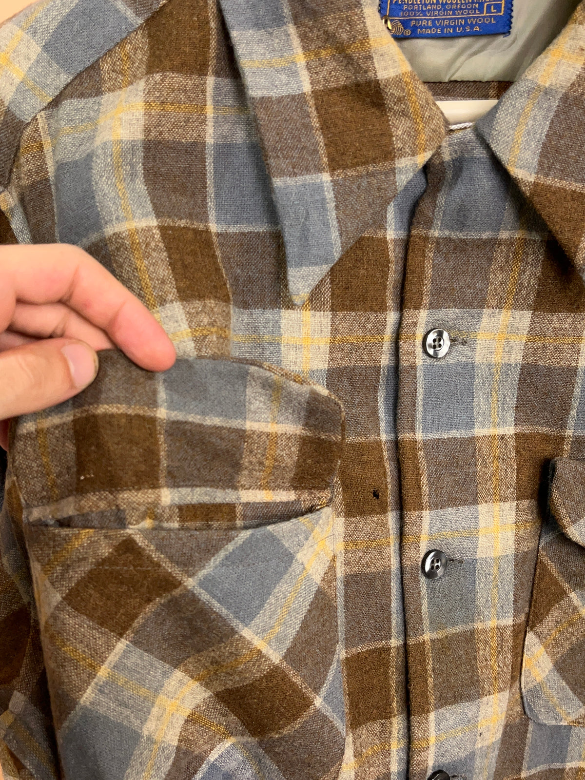 1970's Pendleton Brown Grey Yellow Plaid Wool Board Shirt - Made in USA - L