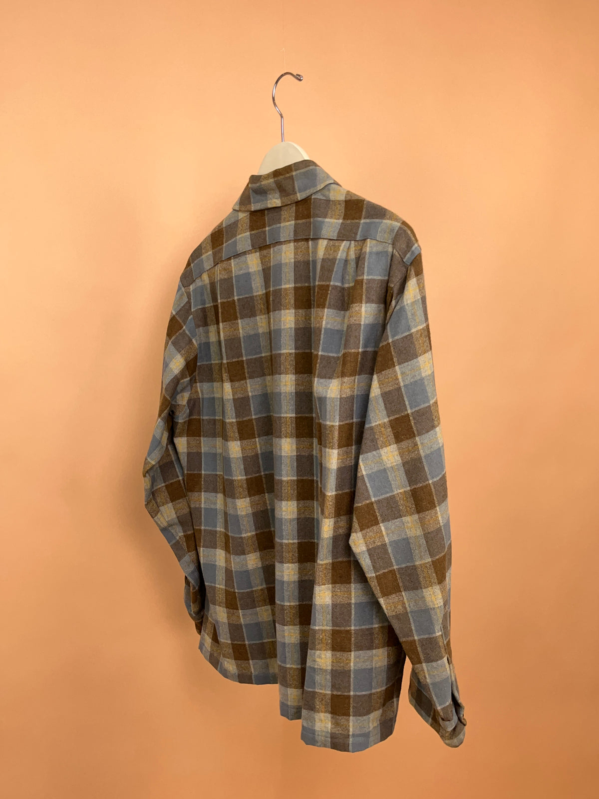 1970's Pendleton brown, grey and yellow plaid wool board shirt, USA-made — Arkive Vintage