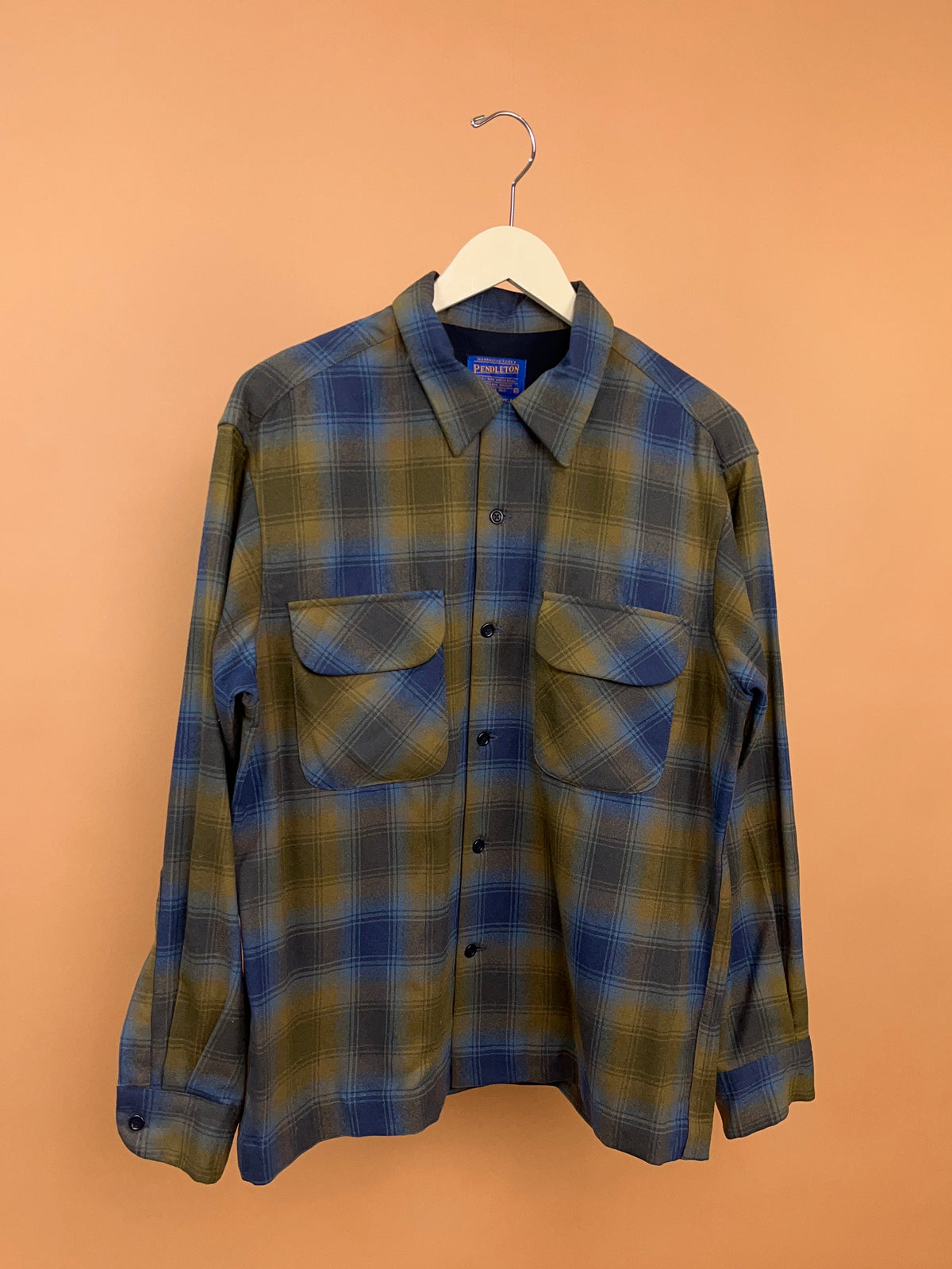 2000s Pendleton Navy & Mustard Plaid Board Shirt - Made in USA - Mens M