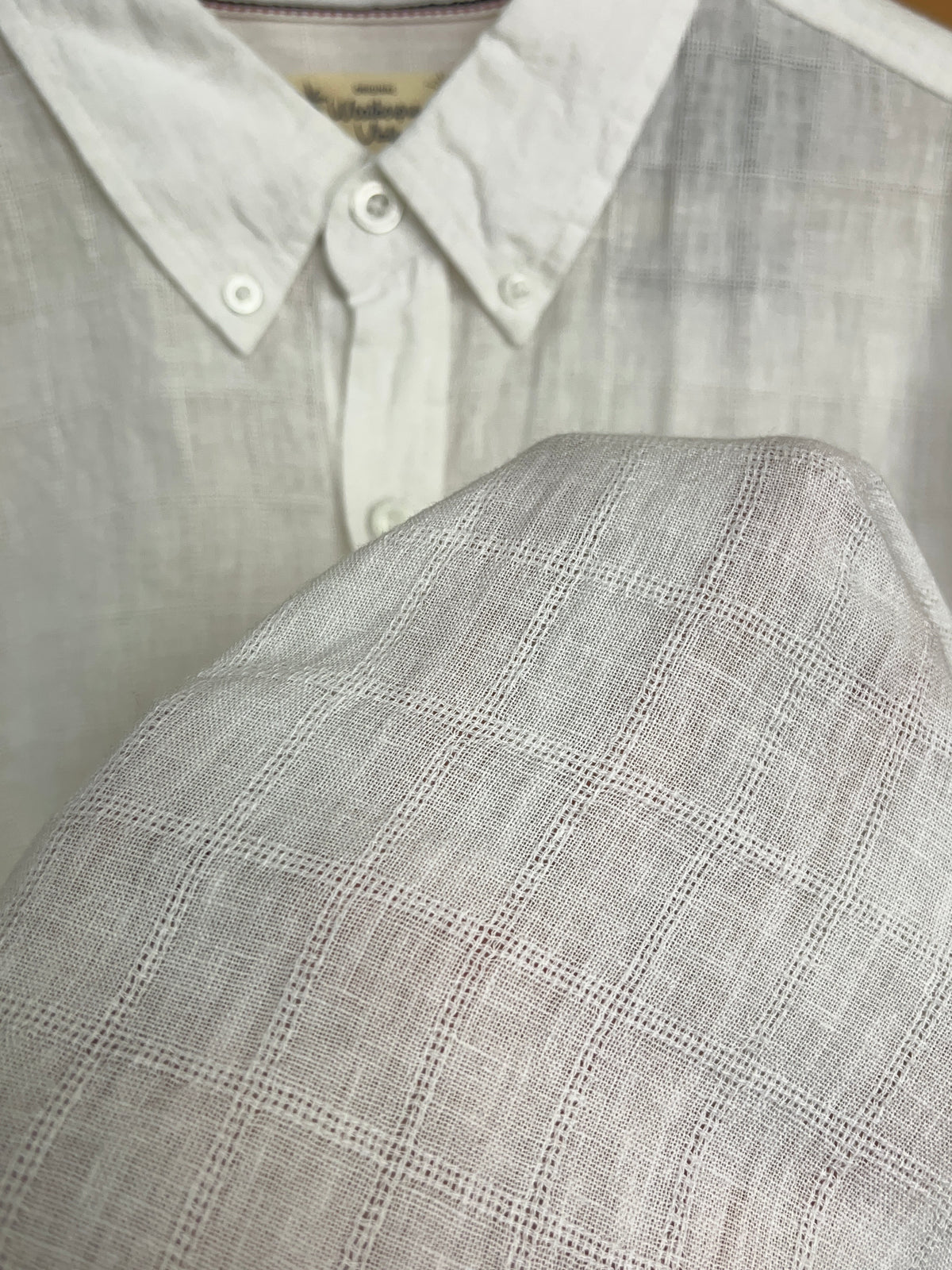 Y2K Weatherproof Vintage white linen-cotton short sleeve shirt, relaxed fit — Arkive Vintage
