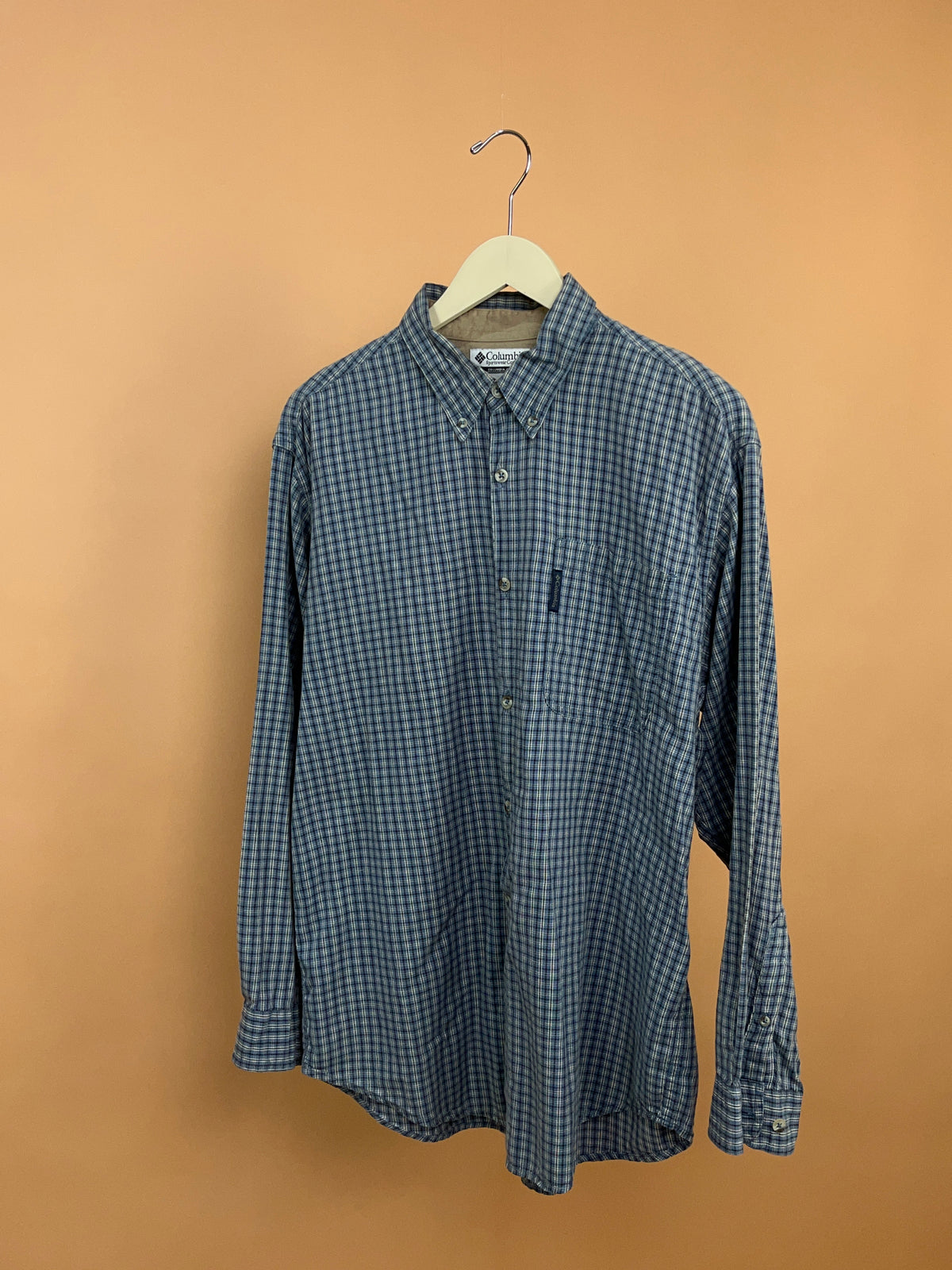1990s Columbia Blue & White Plaid Cotton Shirt - L